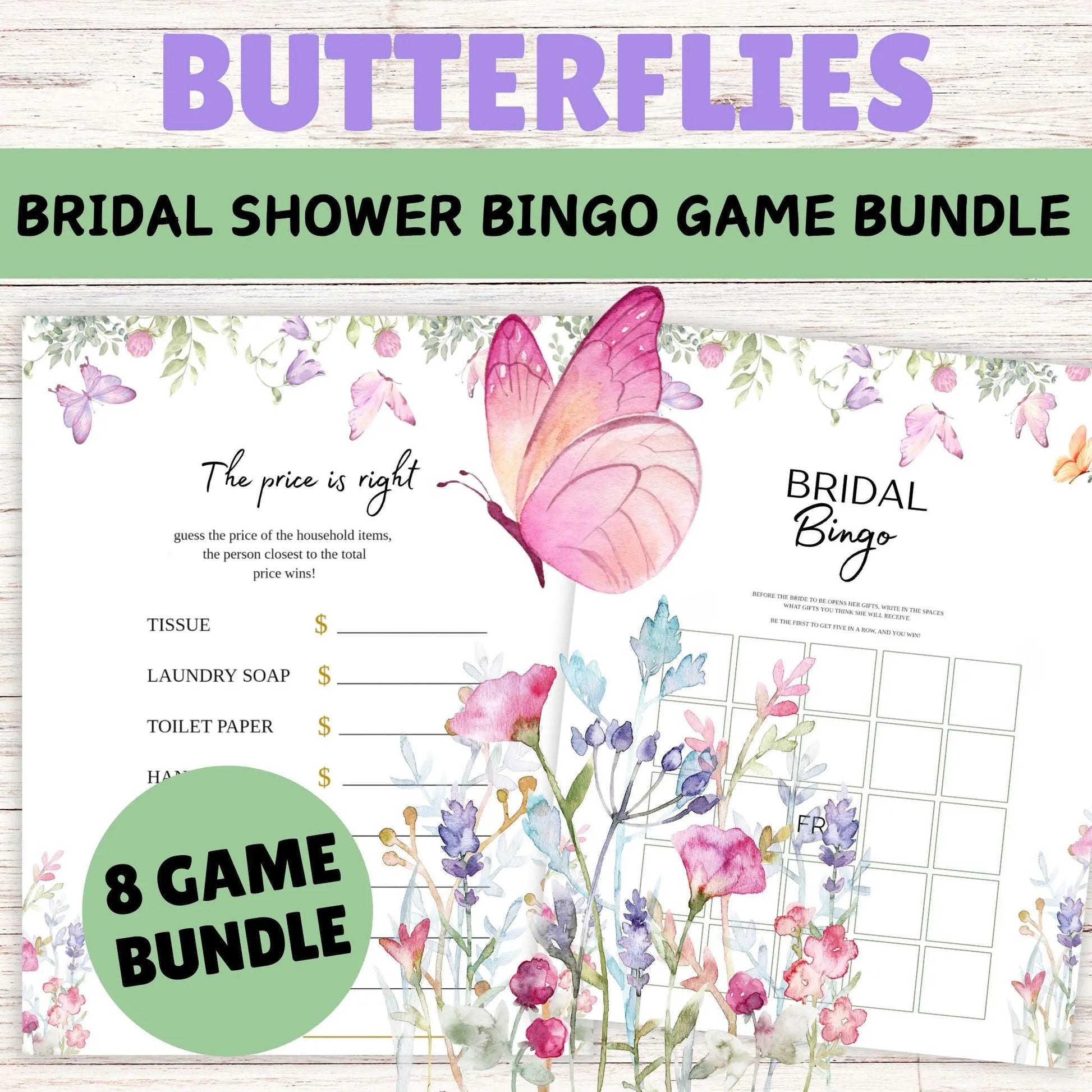 Butterflies Bridal Shower Game Bundle - Printable Butterfly Bridal Shower Party Games