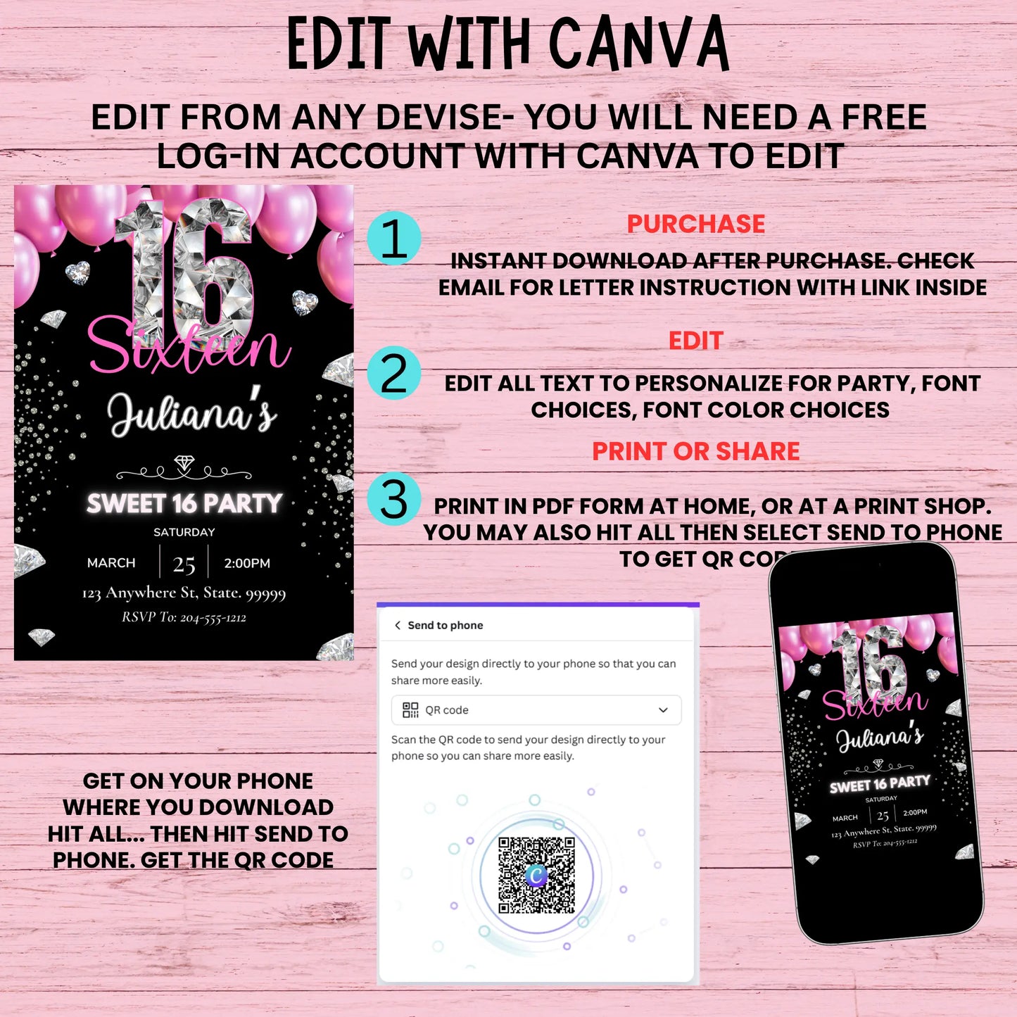 "Editable Sweet 16 invitation pink and black," "Luxury 16th birthday invitation digital," "Black and pink sweet 16 party printable".