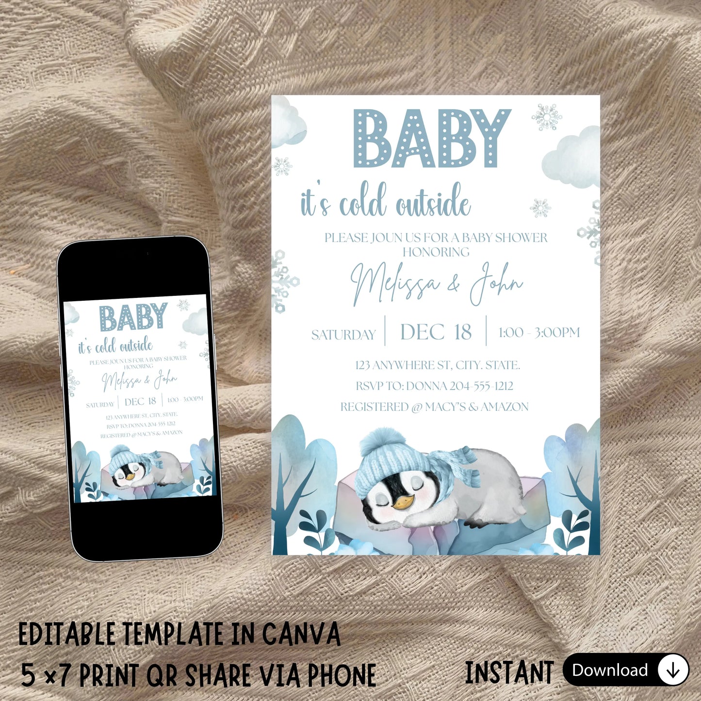 Winter Penguin Baby Shower Invitation Template, Blue Snowflake Boy Theme, "Baby It's Cold Outside", Editable Digital Download