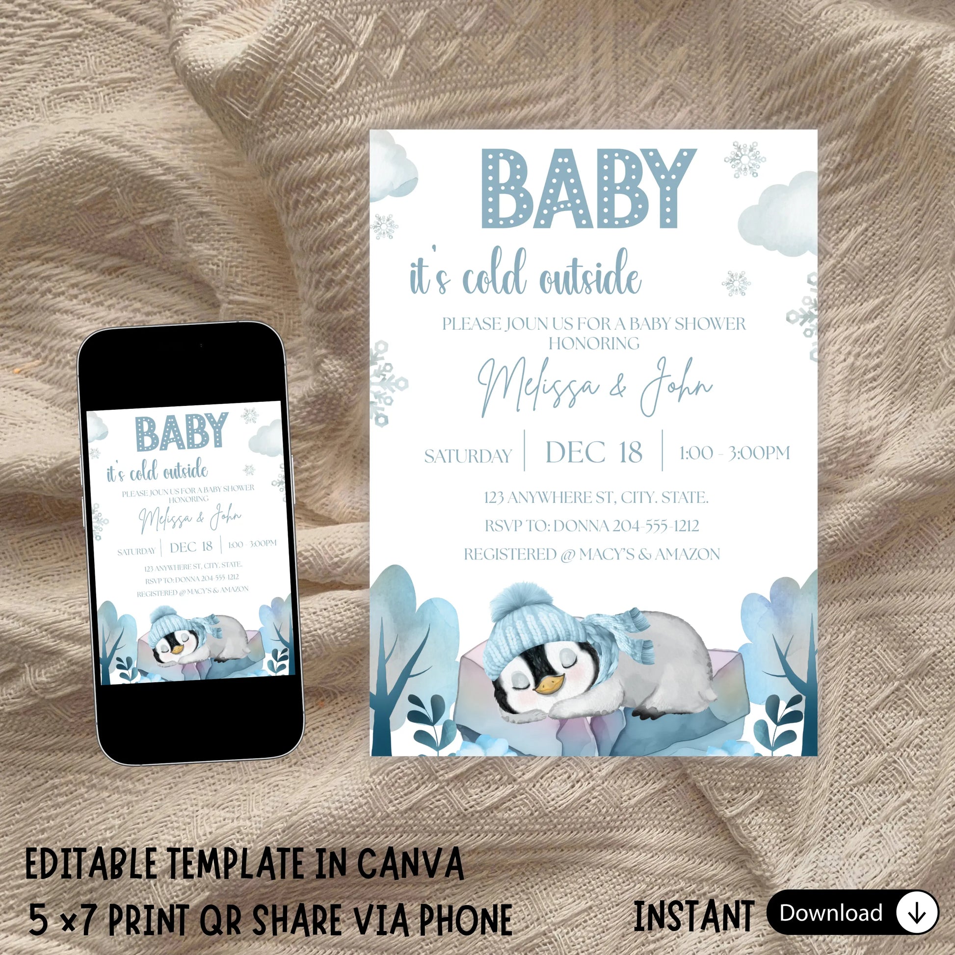 Winter Penguin Baby Shower Invitation Template, Blue Snowflake Boy Theme, "Baby It's Cold Outside", Editable Digital Download