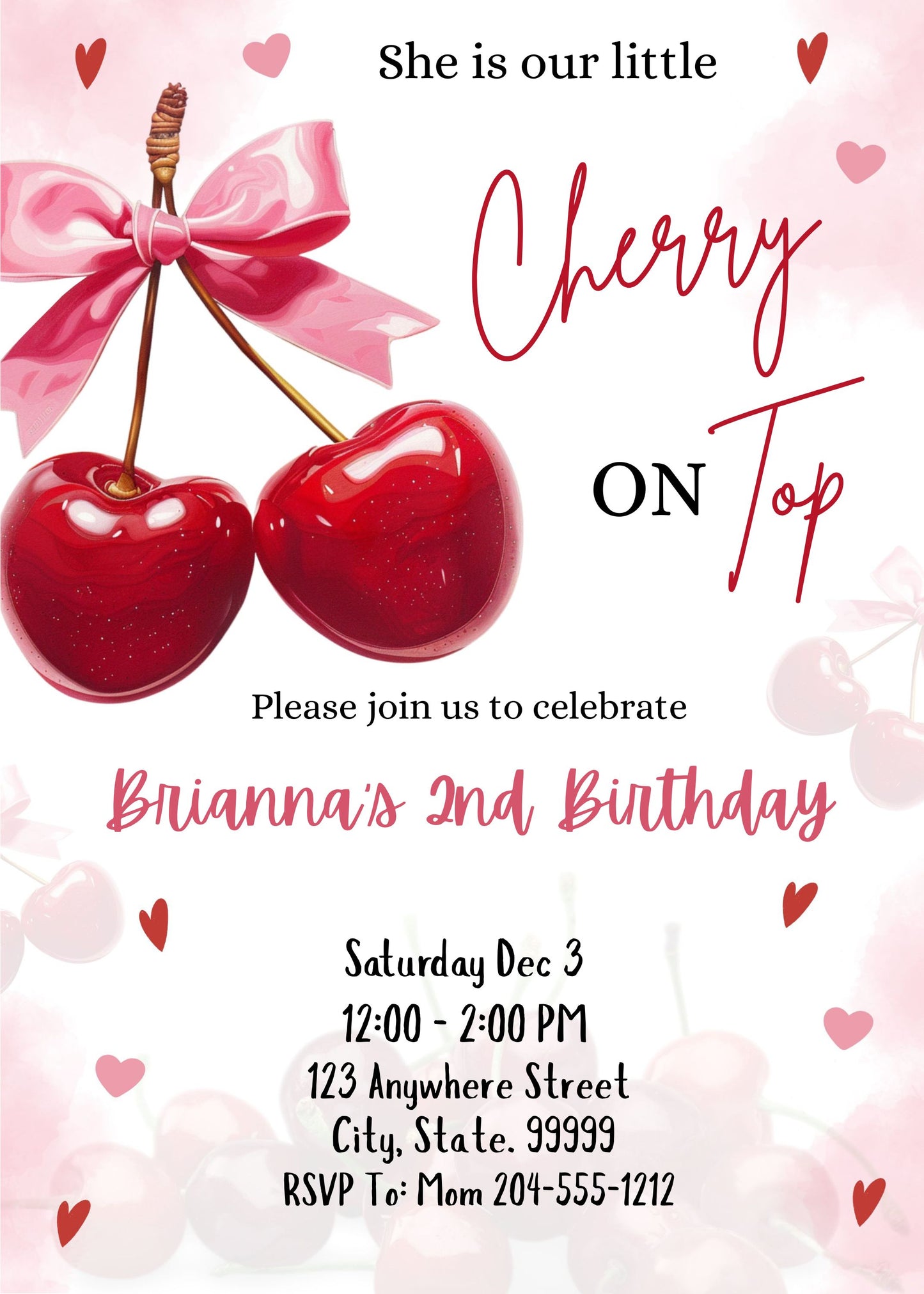 girls cherry on top birthday party invite 