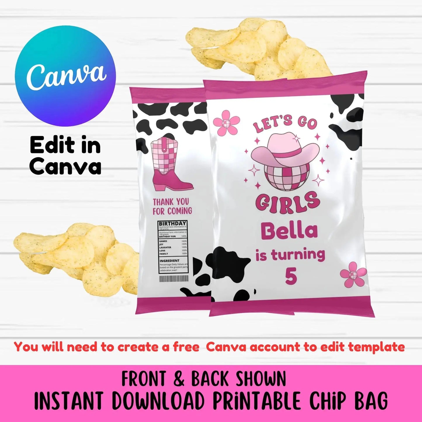 Editable Space Cowgirl Chip Bag Template, Pink Disco Cowgirl Birthday Party Favors, Galactic Rodeo Snack Wrapper, Instant Download Canva Template