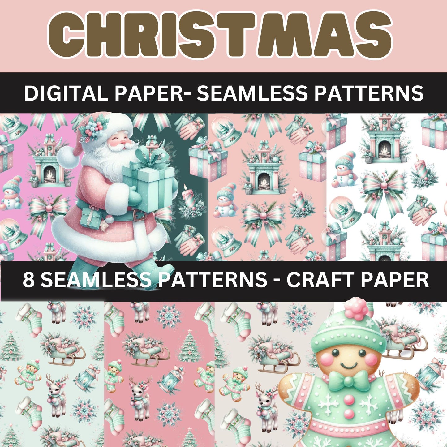 Christmas Pastel Mint Seamless Pattern- Christmas Digital Paper