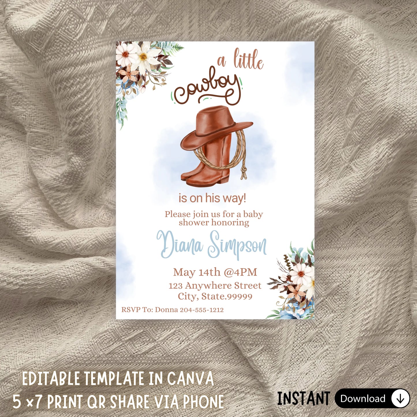 Editable A Little Cowboy Baby Shower Invitation Template, Wild West Western Boy Blue Rodeo Invite, Rustic Country Ranch Baby Boy Party Printable