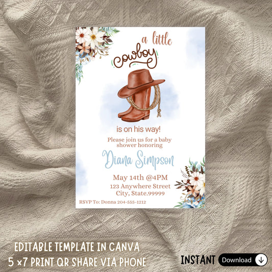 Editable A Little Cowboy Baby Shower Invitation Template, Wild West Western Boy Blue Rodeo Invite, Rustic Country Ranch Baby Boy Party Printable