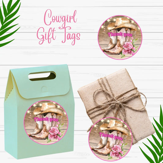 Cowgirl Boot Thank You Stickers - Round Western Favor Labels for Pink Rodeo Birthday, Wild West Baby Shower, Bridal Shower