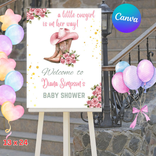 Editable Little Cowgirl Baby Shower Welcome Sign Template - Western Wild West Printable Party Sign - A Little Cowgirl Is On Her Way