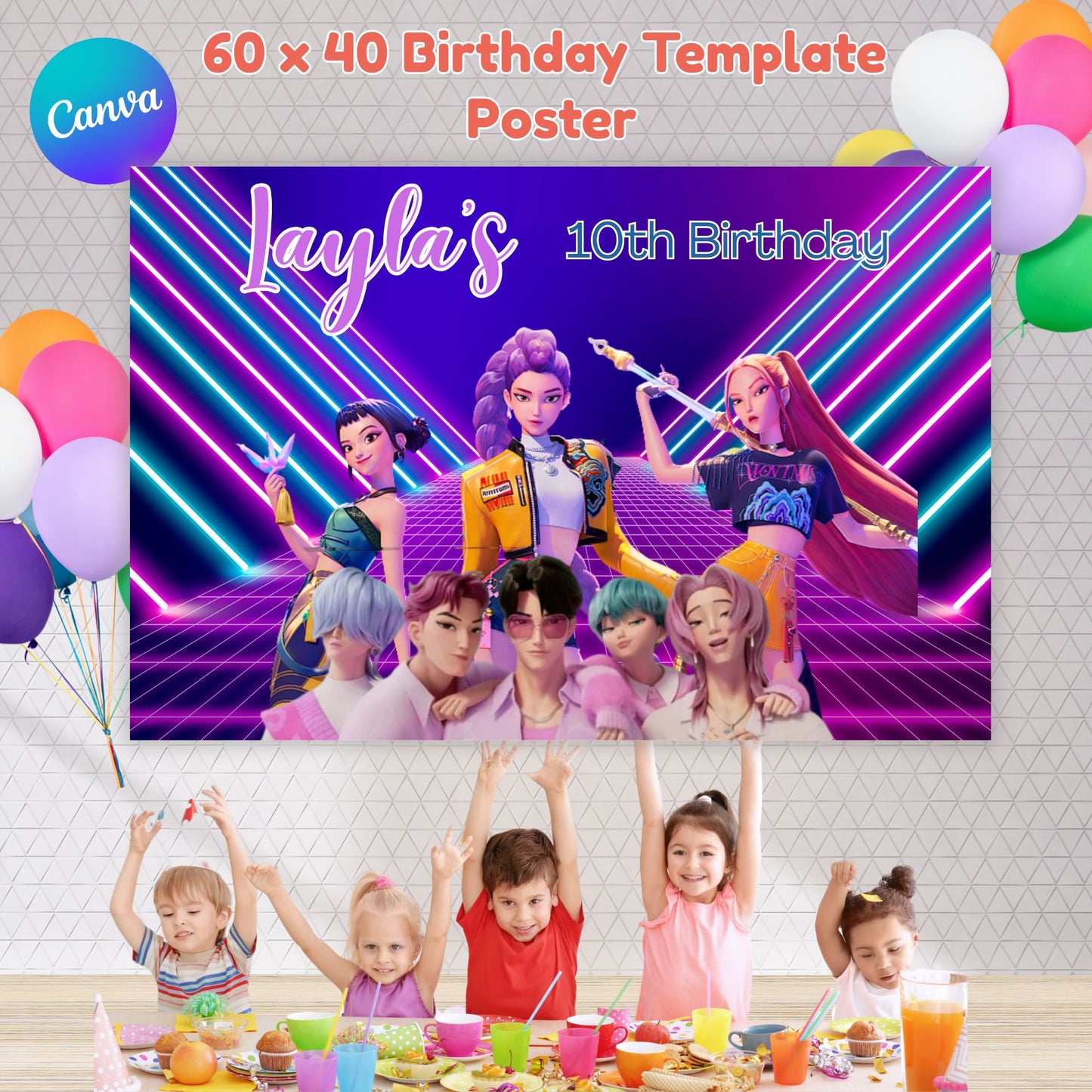 Editable K-Pop Demon Hunters Backdrop Template | HUNTRX Canva | Digital Download, K-pop Birthday Party Banner, Anime Party Decor