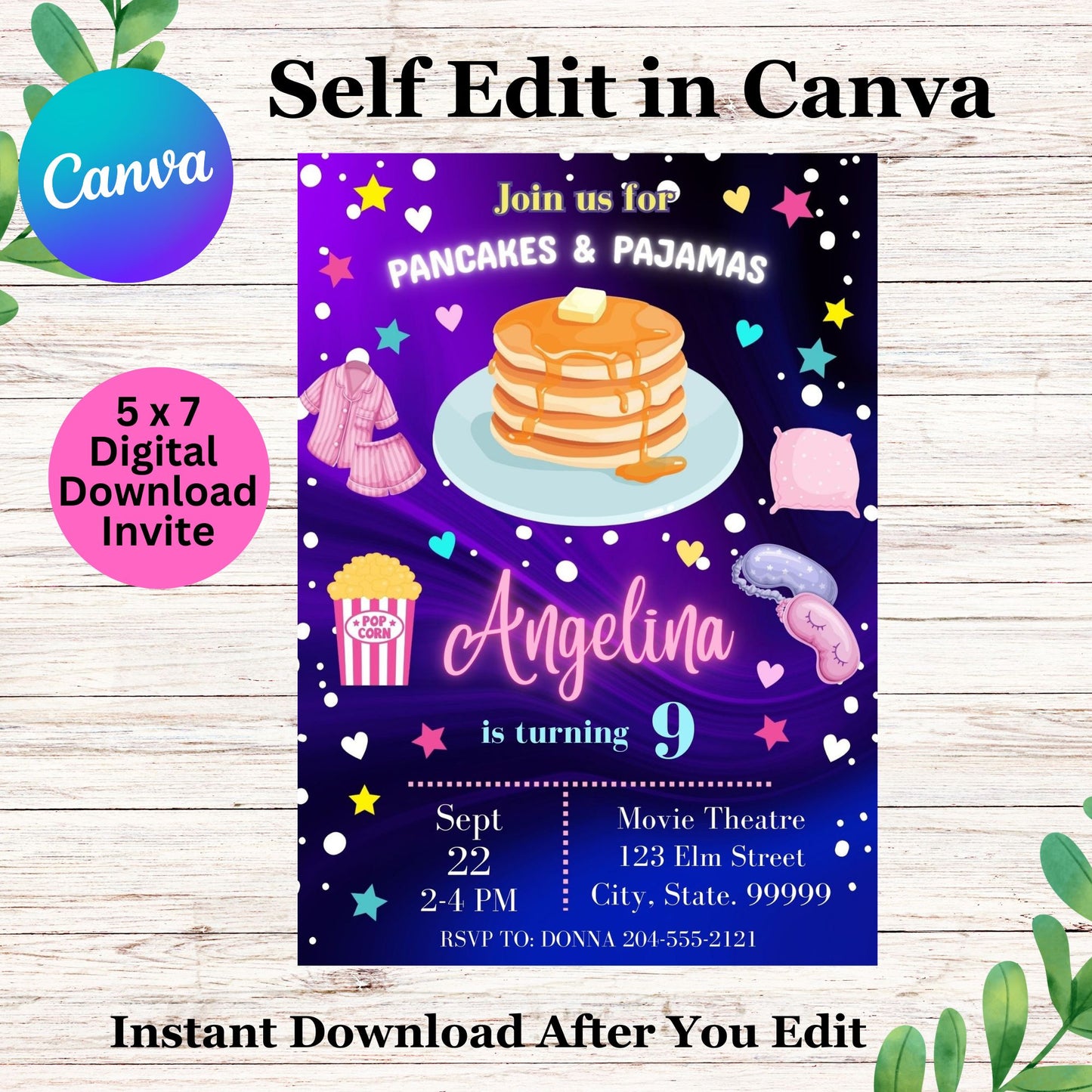  Pancakes and Pajamas Birthday Invitation | Girls Sleepover | Editable Template Girl