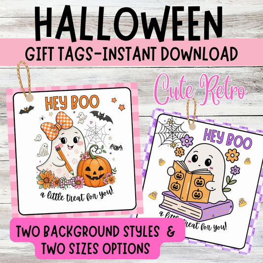 Retro Hey Boo | Printable Halloween Tags | Cute Spooky Season Favors| Ghostly Gift for Boo Baskets, Class Treat