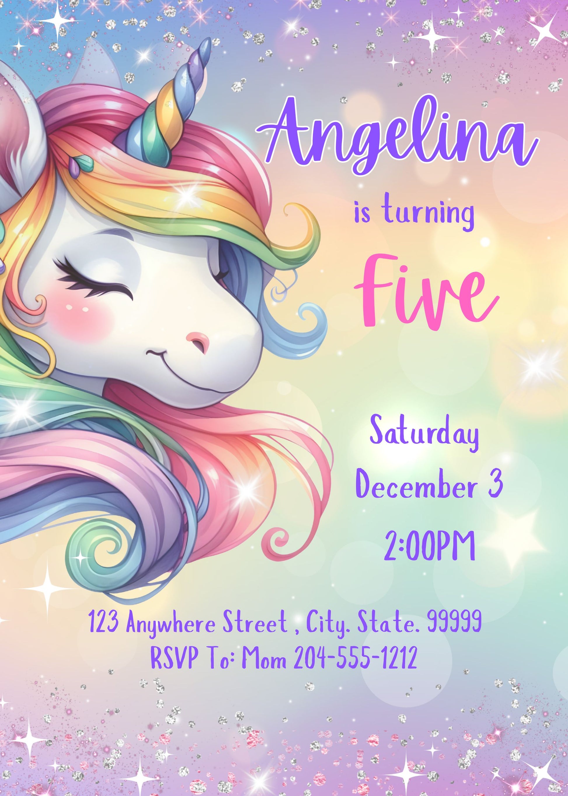 girls shimmer unicorn birthday party invite 
