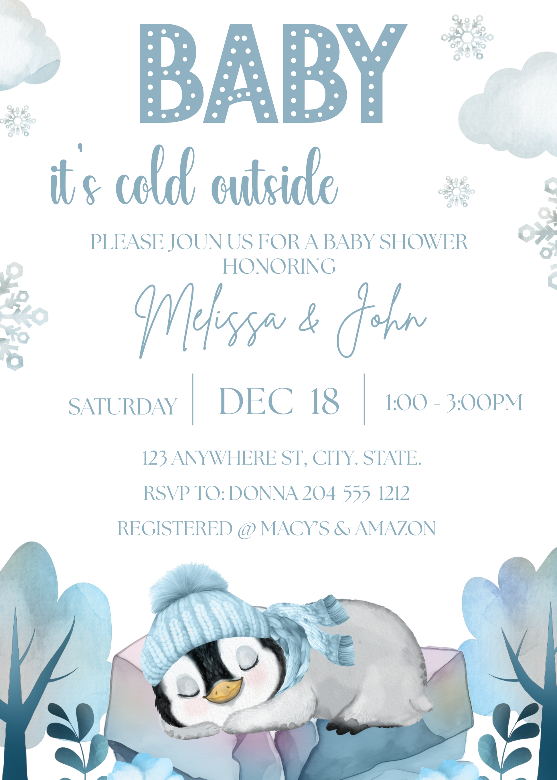"Baby its cold outside" penguin baby shower invite