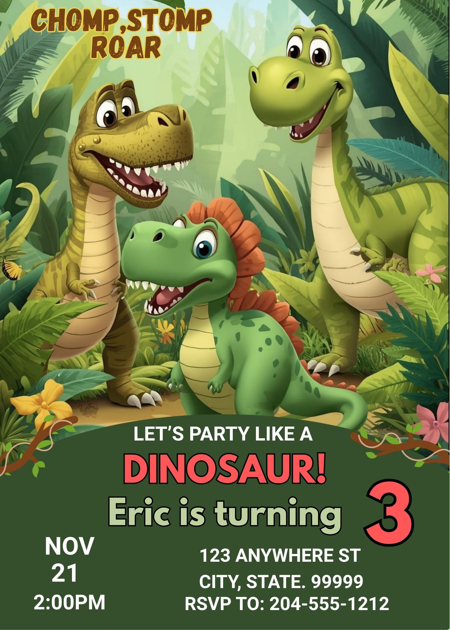 Editable Dinosaur Birthday Invitation Template, Kids Dino Party Invite, Roar Stomp Chomp Theme, Toddler Boy 1st 2nd 3rd Birthday, Instant Download