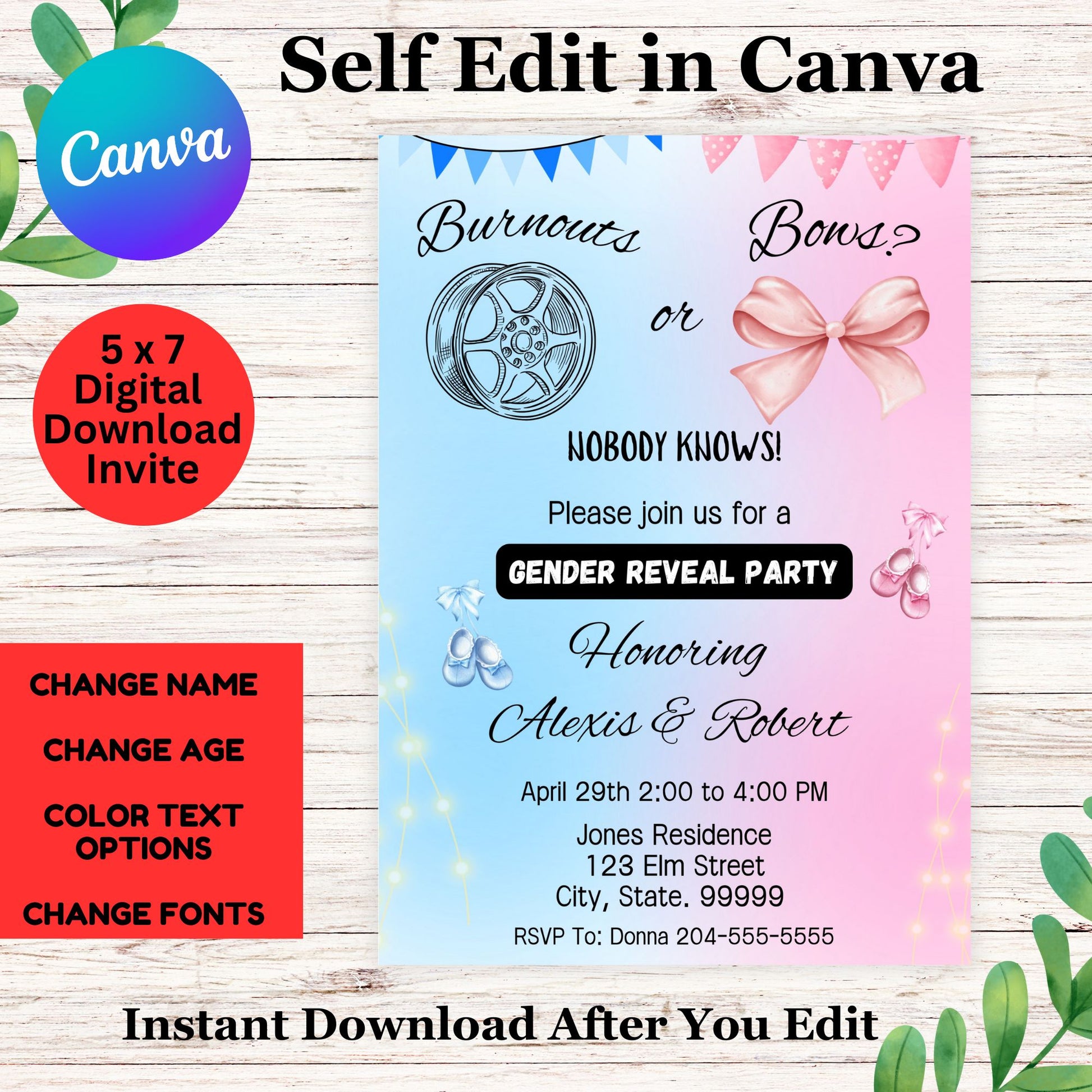 Editable "Burnouts or Bows" Gender Reveal Invitation | Printable & Digital Car Theme Baby Shower Invite | He or She Template