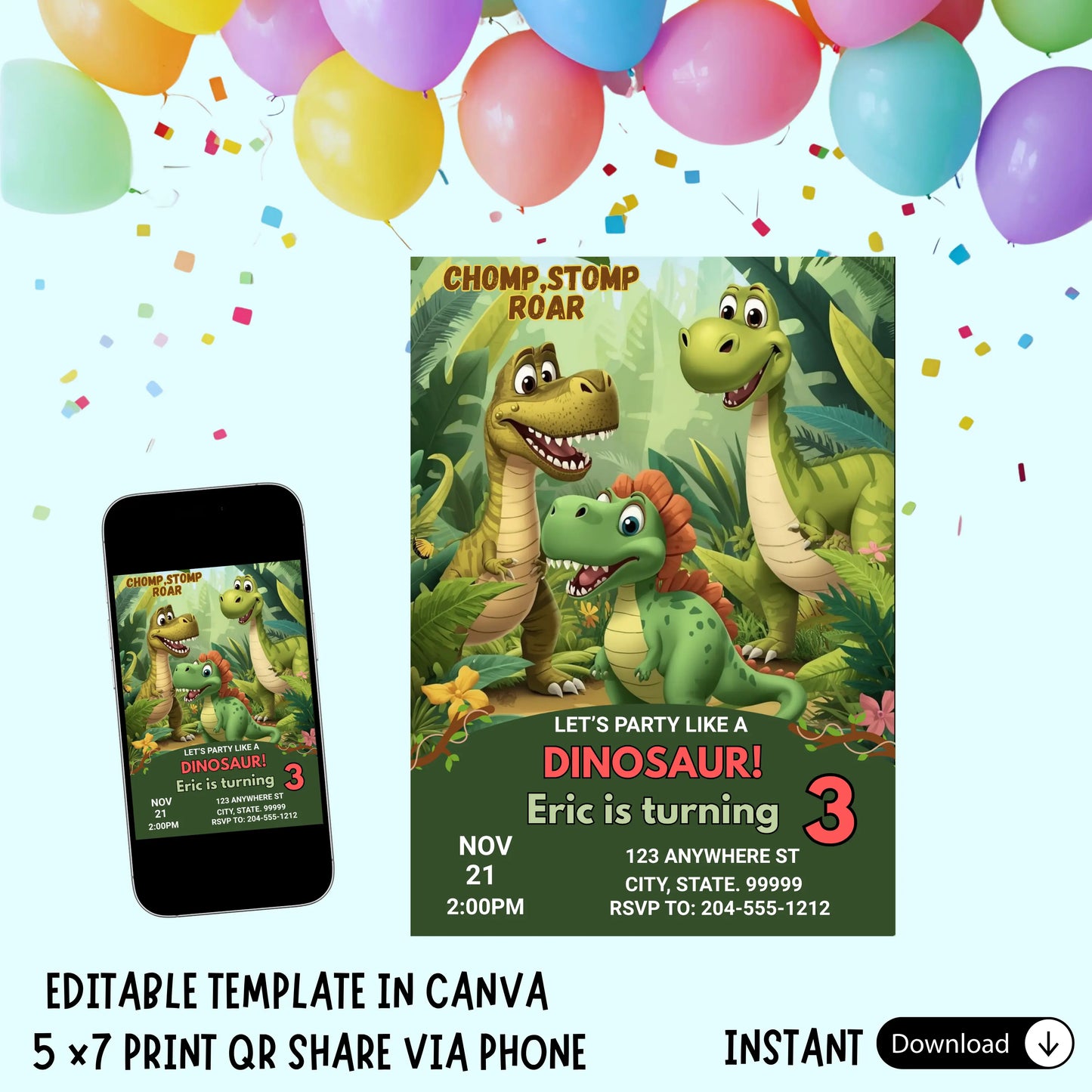 Editable Dinosaur Birthday Invitation Template, Kids Dino Party Invite, Roar Stomp Chomp Theme, Toddler Boy 1st 2nd 3rd Birthday, Instant Download