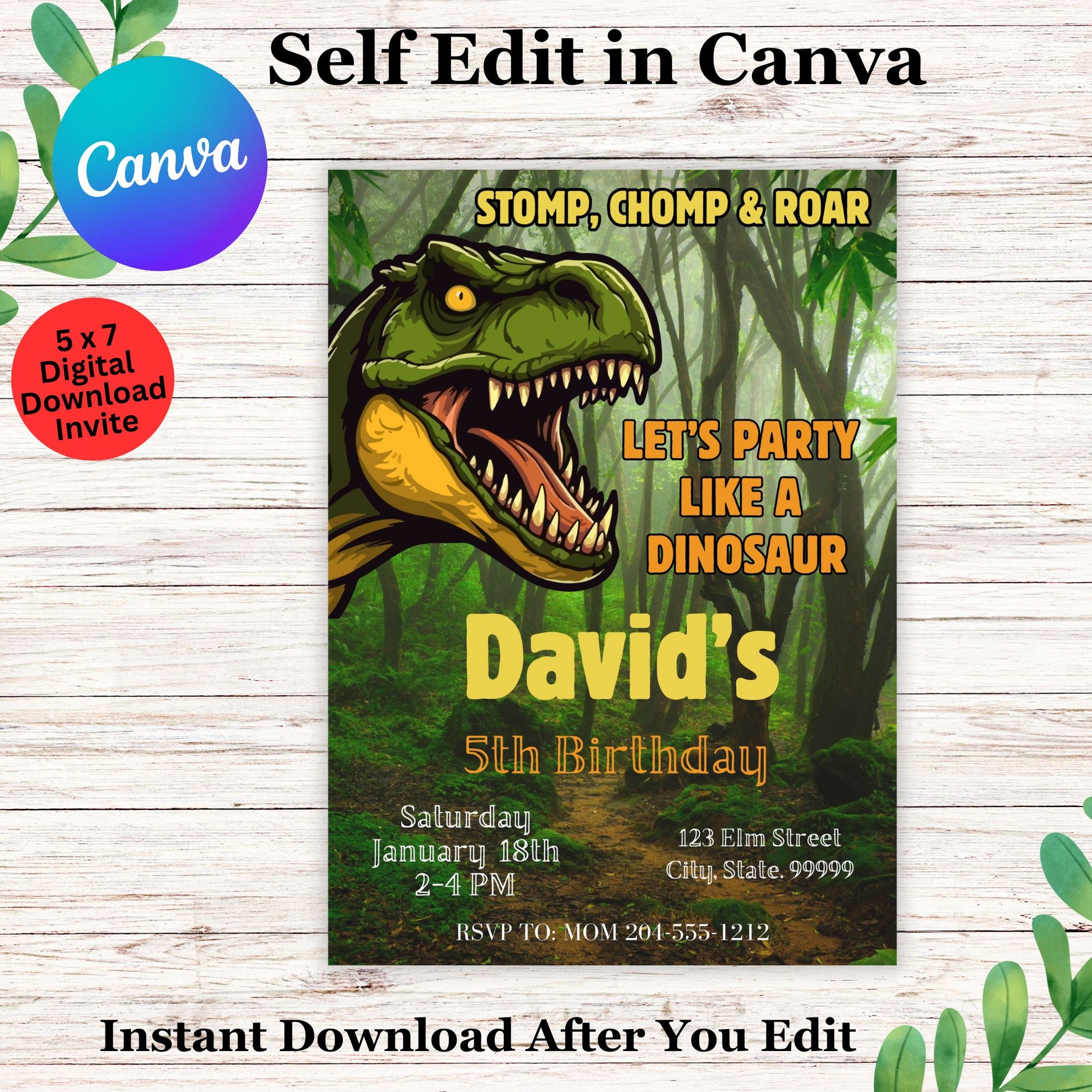 Editable Dinosaur Birthday Invitation Template, Printable Dino Party Invite, T-Rex Kid's Birthday Invitation, Instant Download, Canva Template