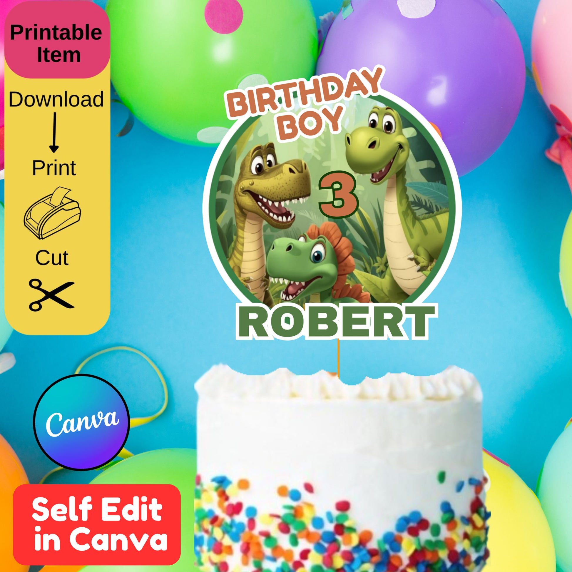 Dinosaur Cake Topper Template SVG, Editable PDF, Instant Download, Dinosaur Birthday Party Decor, Dino Cake Topper