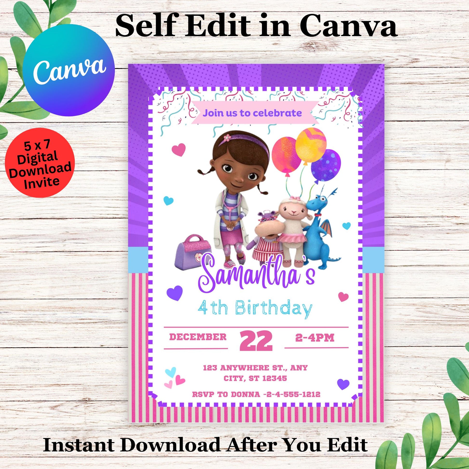 Doc Mcstuffins Birthday Invitation Template- Printable Doc Mcstuffins Birthday Invite Editable in Canva