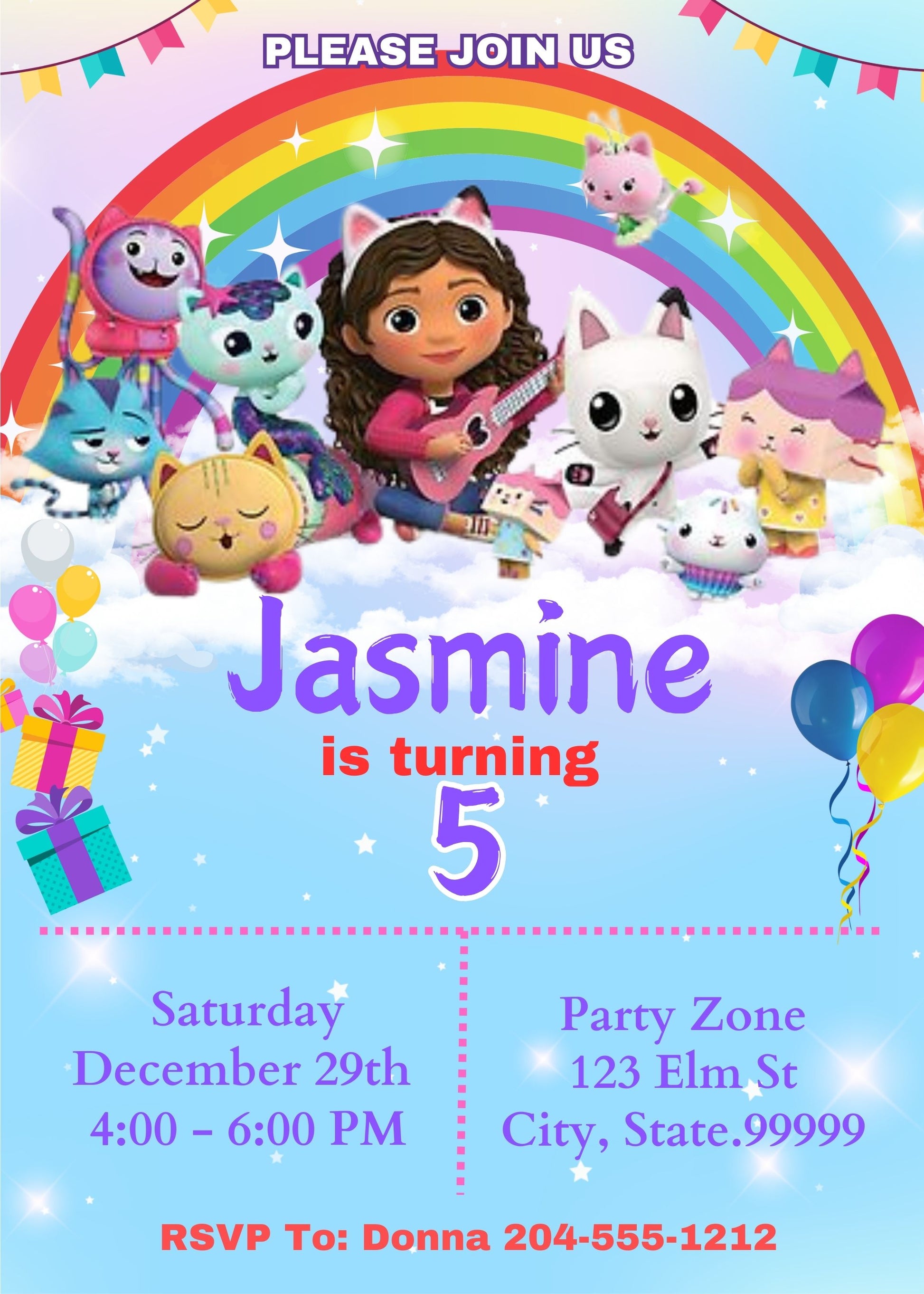 Evite, Cat-themed party. Gabby's Dollhouse two-photo invitation