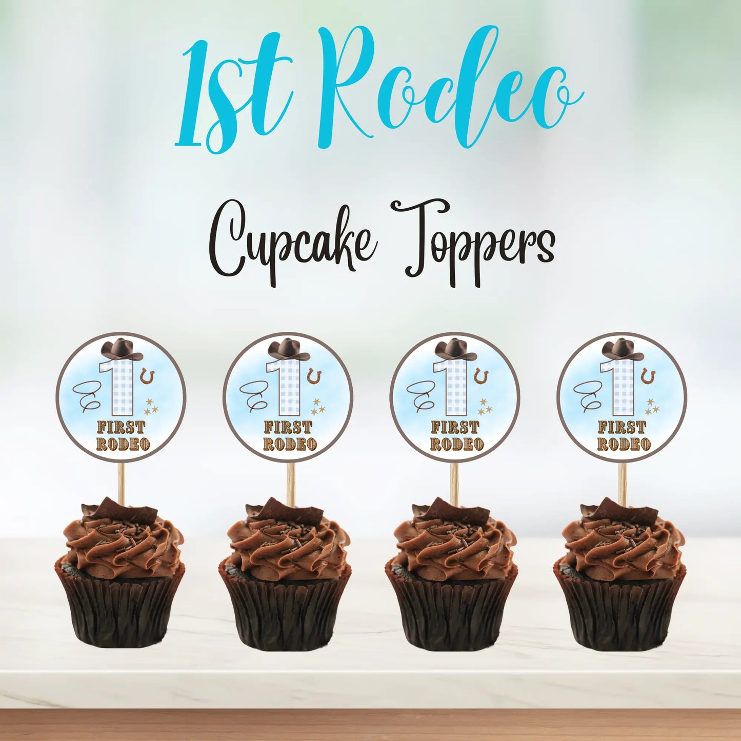checkered pastel blue number one cowboy cupcake toppers 