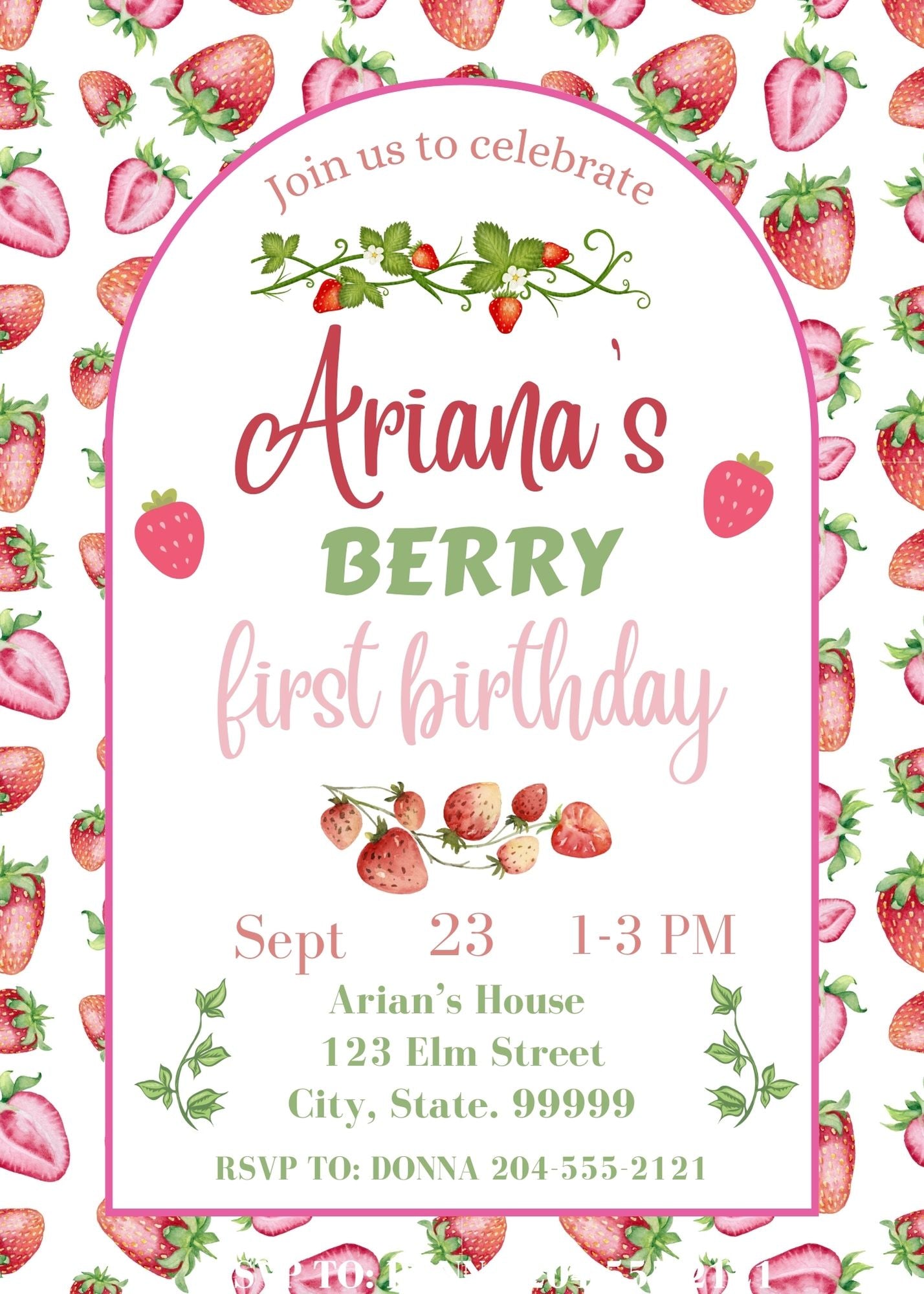 Berry First Birthday, Strawberry 1st Birthday, Girls First Birthday Invite, Sweet One Invitation, Fruit Themed Party.