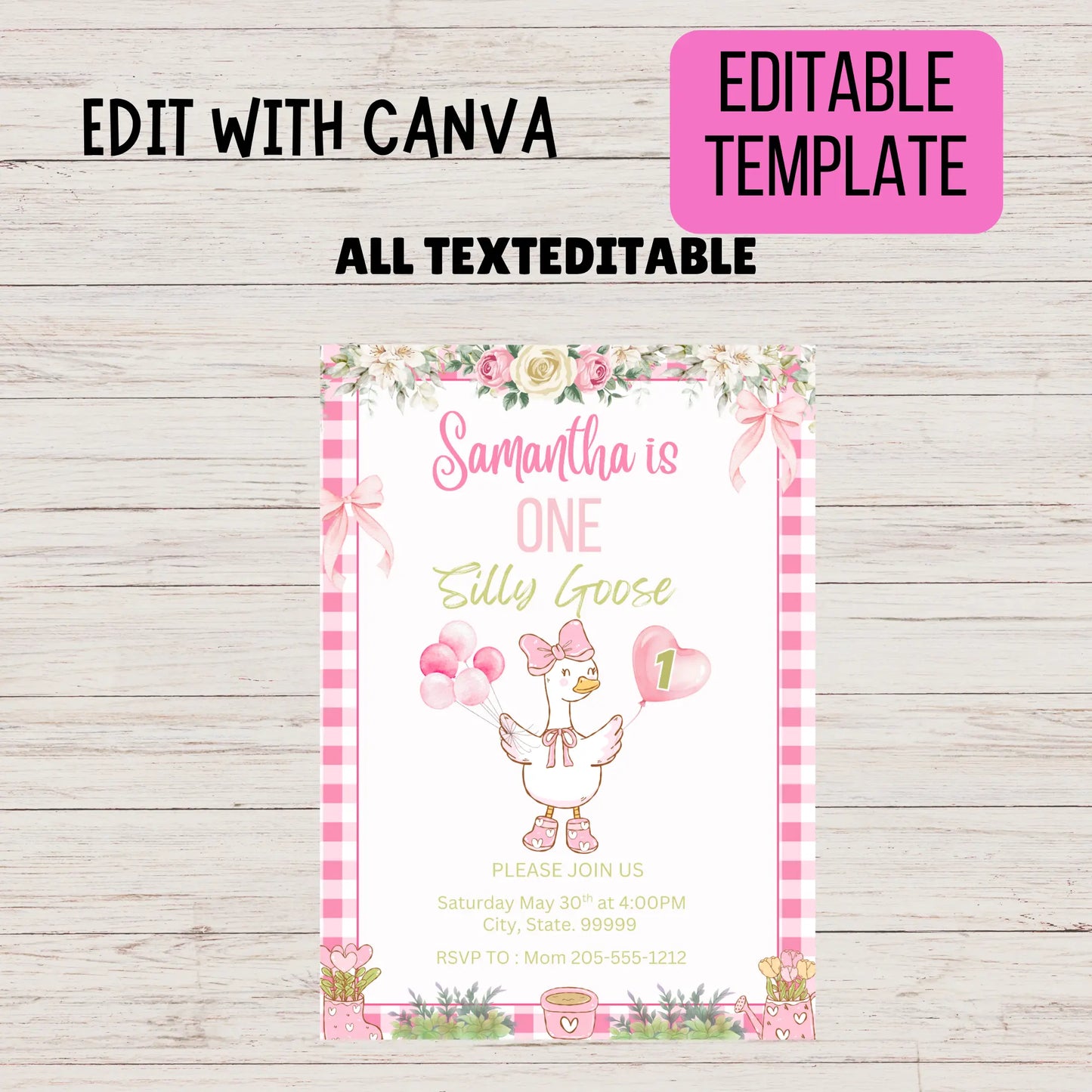 One Silly Goose Birthday Invitation Girl, Editable 1st Birthday Invite Template, Pink Gingham & Coquette Bow Goose Theme, Printable First Birthday Party Evite - Girly Girl Tutus