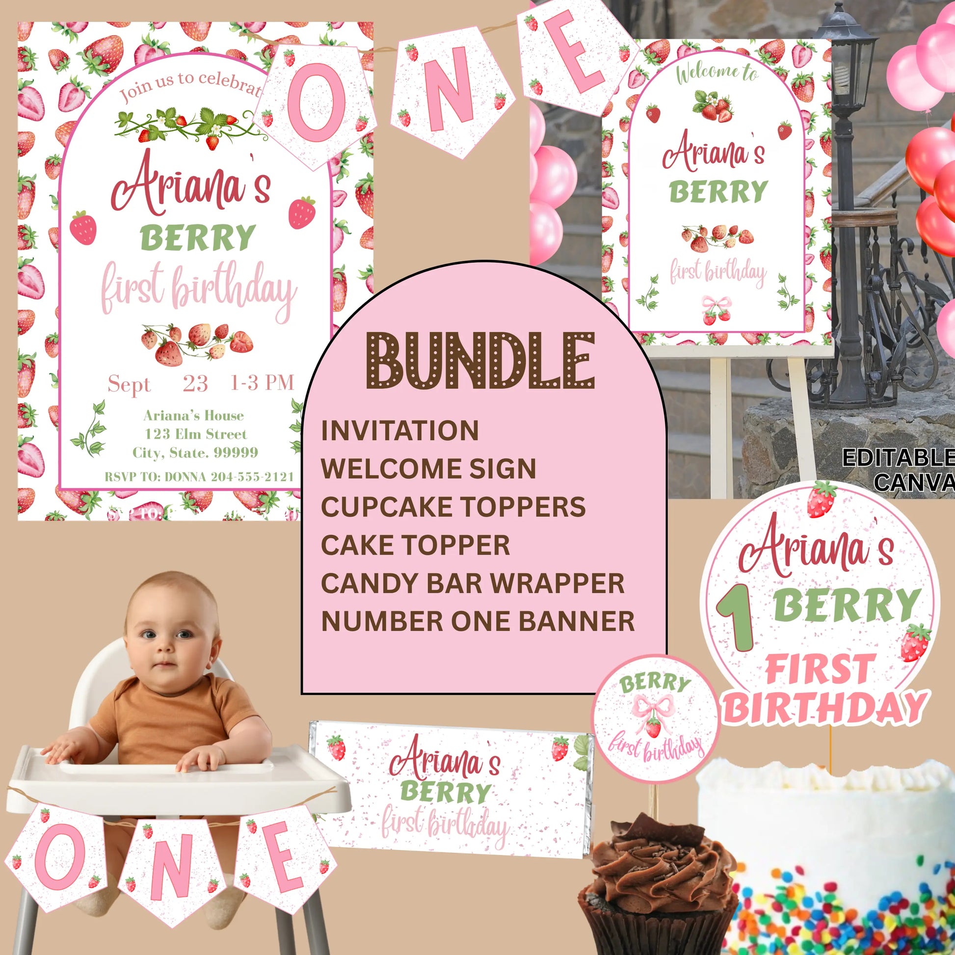 Collection of birthday party decorations with 'Ariana's Berry First Birthday' theme, including invitations, signs, and cupcake toppers