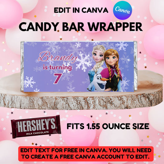 Printable Frozen Party Favor Candy Bar Wrapper, DIY Birthday Decor- Instant Download