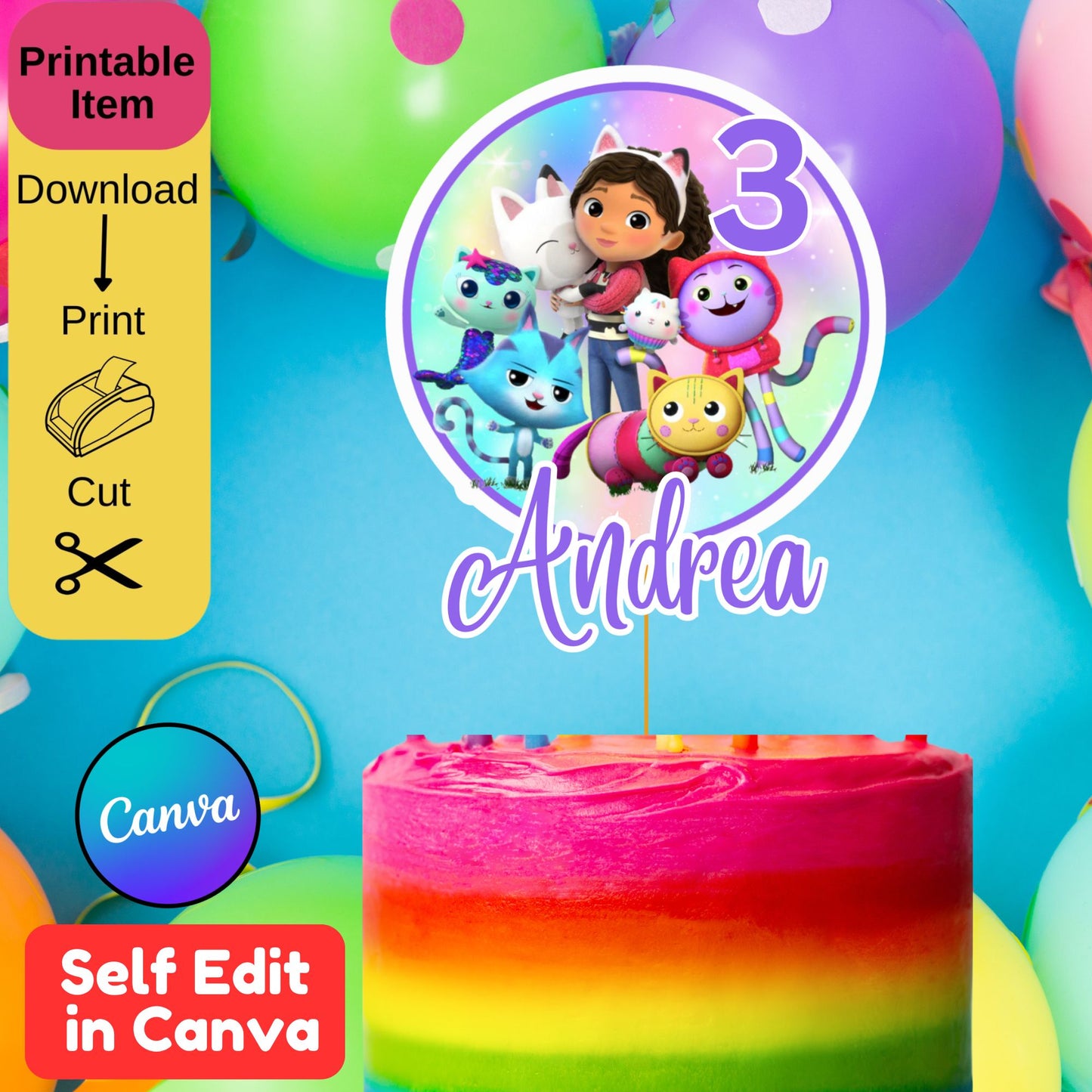 Gabby Dollhouse Personalized Cake Topper Template &- Printable Gabby Dollhouse Cake Topper