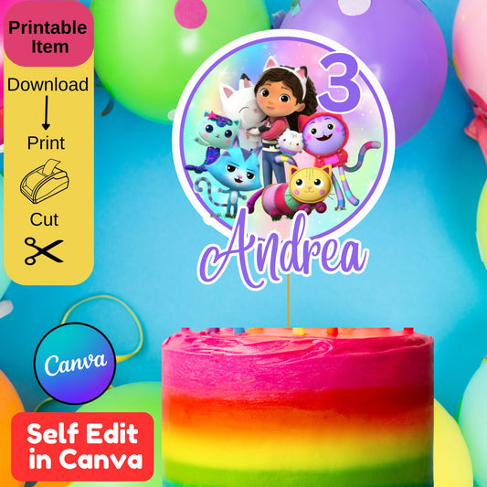 Personalized Gabby's Dollhouse Cake Topper Template, Editable Printable, Instant Digital Download, DIY Birthday Party Decoration