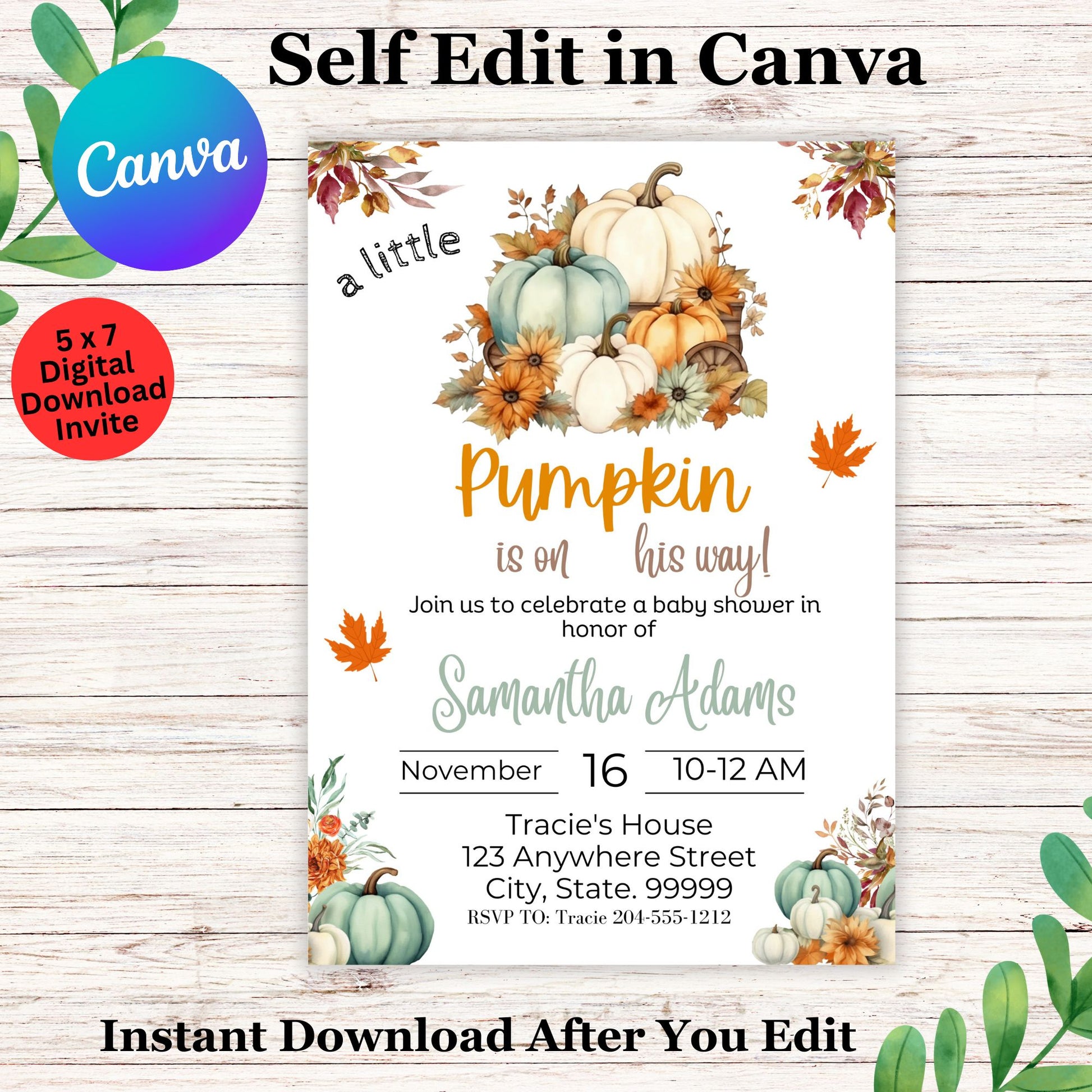 Editable Fall Pumpkin Baby Shower Invitation Template, A Little Pumpkin Is On The Way, Rustic Autumn Baby Shower Invite, Gender Neutral, Instant Download