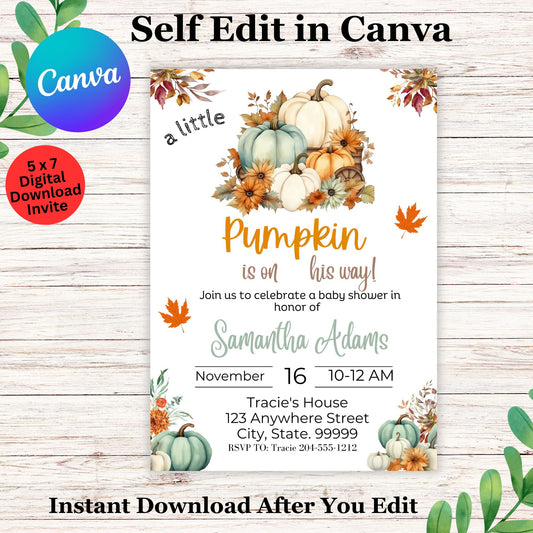 Editable Fall Pumpkin Baby Shower Invitation Template, A Little Pumpkin Is On The Way, Rustic Autumn Baby Shower Invite, Gender Neutral, Instant Download
