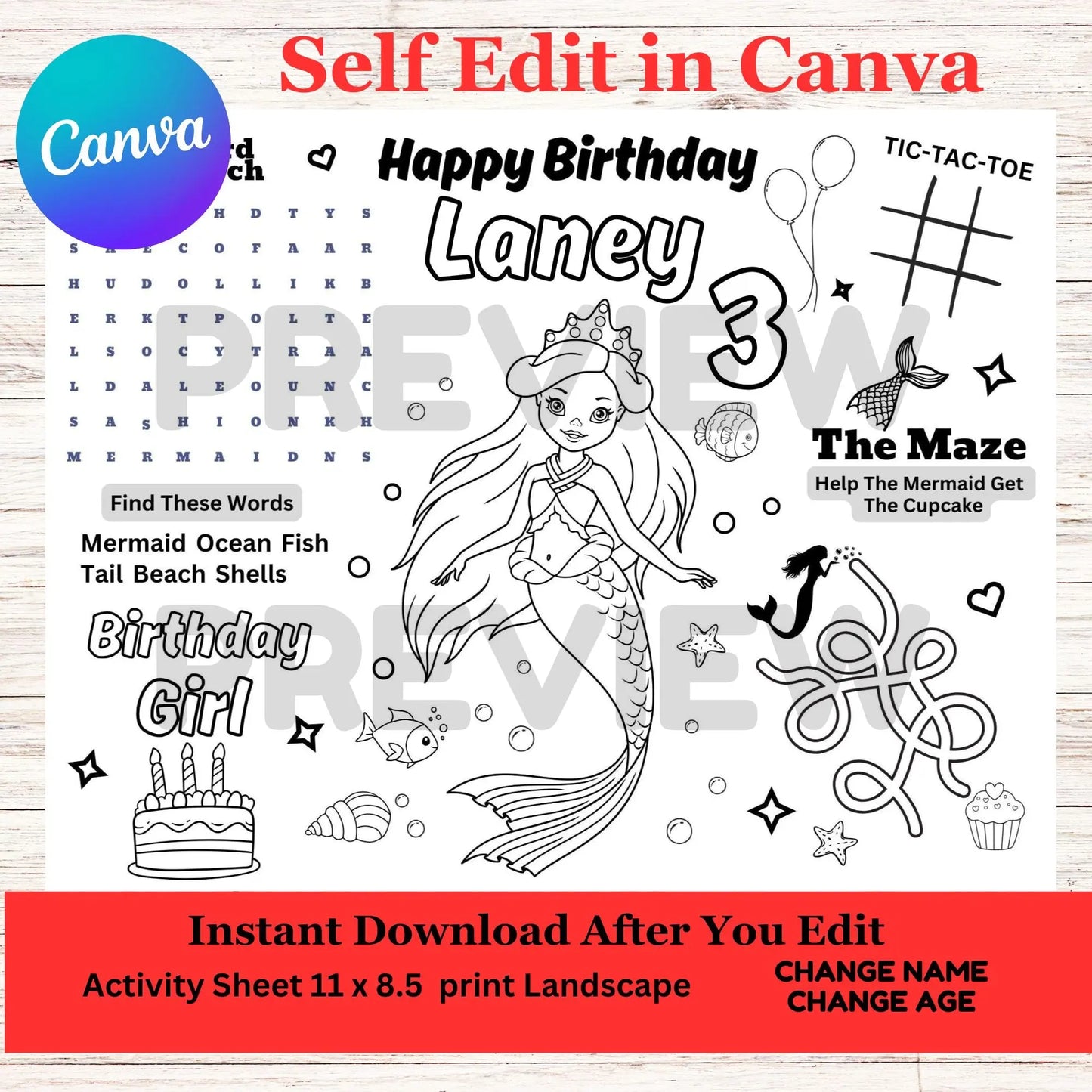 Customized "Happy Birthday" Header
Ocean Treasure Maze
Mermaid Word Search Puzzle
"What's Your Mermaid Name" Game
Coloring Scenes: Mermaids, Seahorses, and Shells