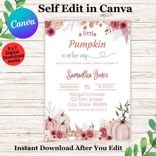 Editable Pink Pumpkin Baby Shower Invitation Template, A Little Pumpkin is on the Way Girl Fall Invite, Rustic Autumn Floral Digital Download