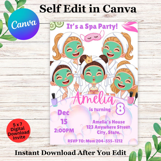 Editable Girls Spa Birthday Invitation Template, Pamper Party Invite, Kids Spa Day, Digital Download, Printable, Tween Birthday Party Invite, Instant Access