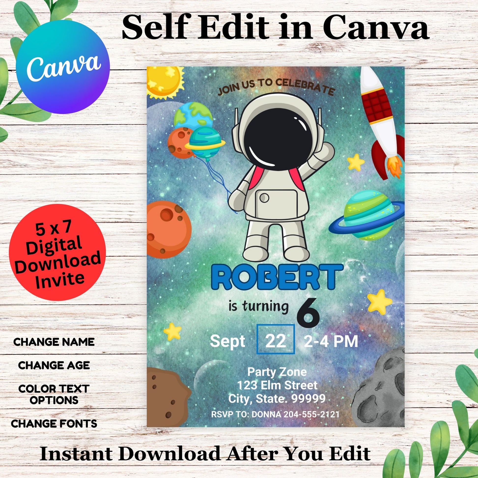 Editable Outer Space Birthday Invitation Template | Planets Rocket Ship Astronaut | Galaxy Blast Off Invite | First Trip Around the Sun Party | Digital Download