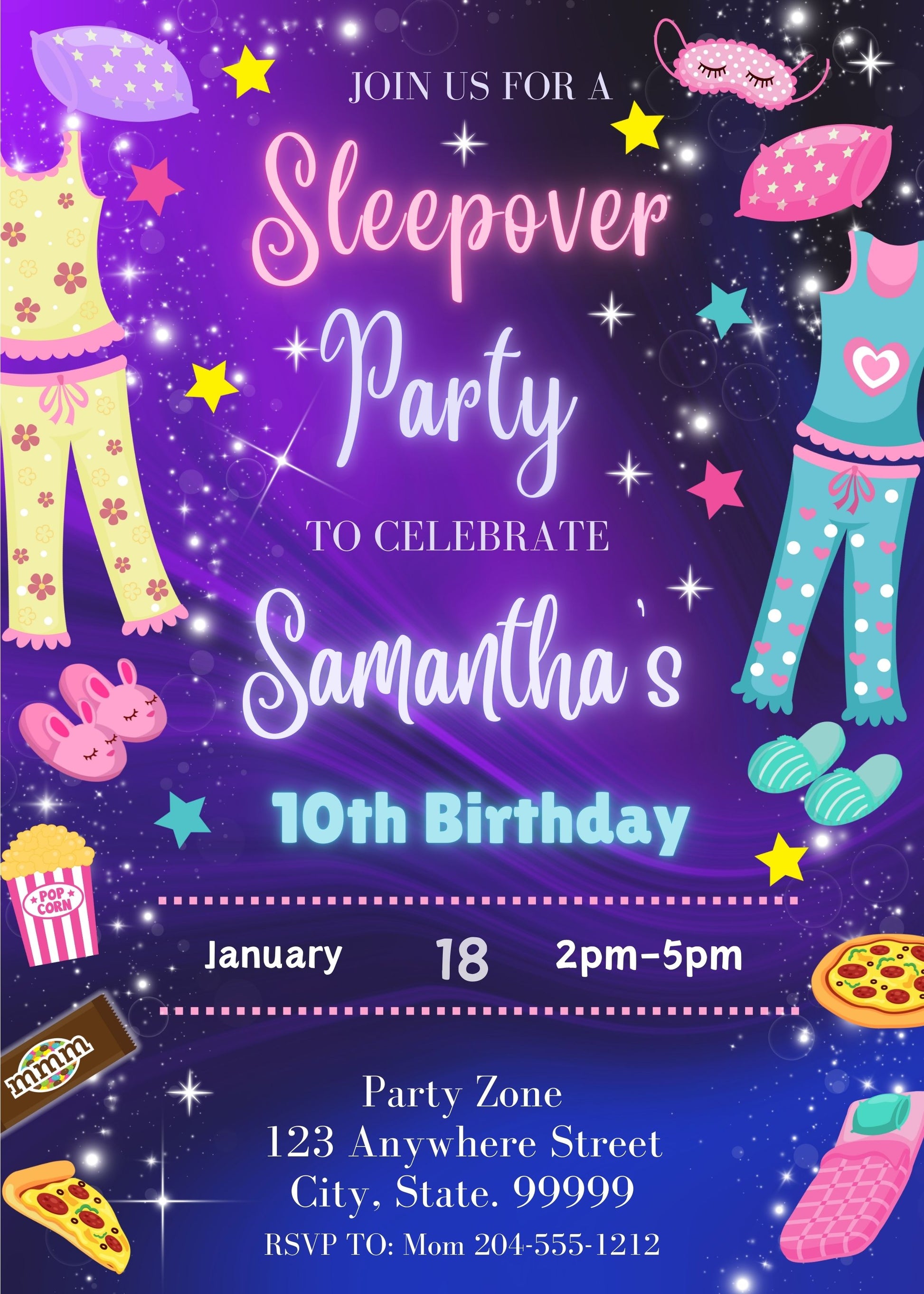 cute pajama birthday party invitation 
