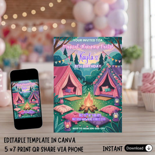 Editable Glamping Birthday Invitation Template | Girls' Glam Camping Party | Digital Download