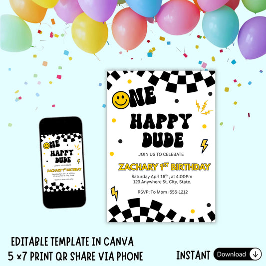 One Happy Dude 1st birthday invitation template featuring a yellow retro smiley face and blue checkered border on a white background