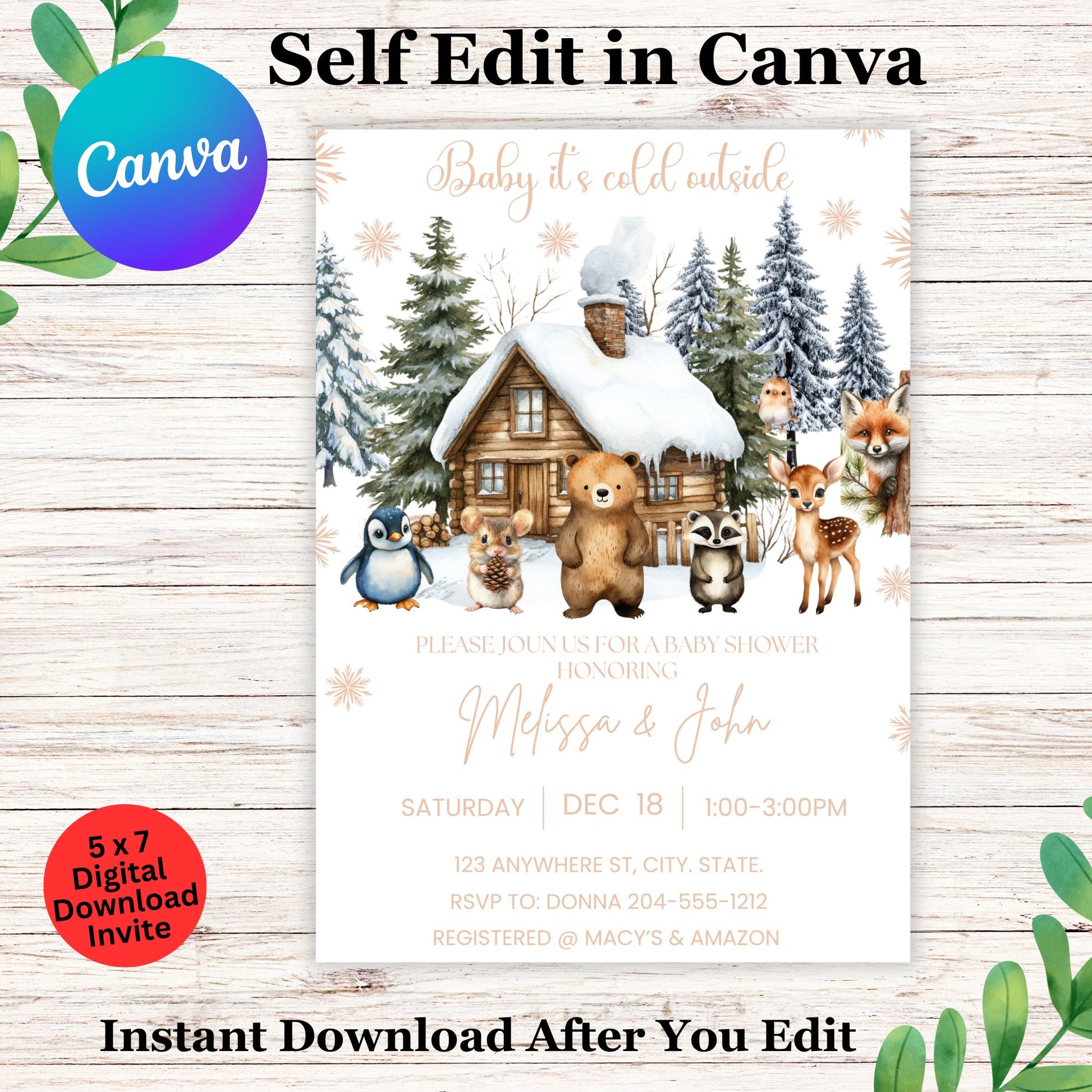 Editable Winter Woodland Baby Shower Invitation Template, "Baby It's Cold Outside", Gender Neutral Forest Animals Invite, Instant Download
