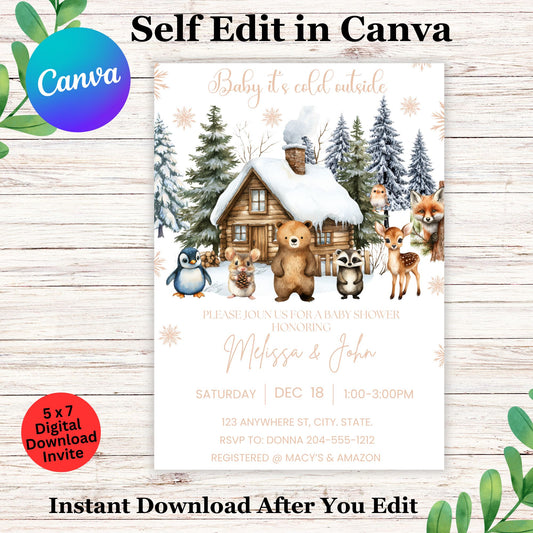 Editable Winter Woodland Baby Shower Invitation Template, "Baby It's Cold Outside", Gender Neutral Forest Animals Invite, Instant Download