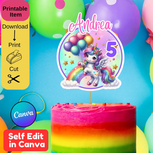 Editable Unicorn Birthday Cake Topper Template | Instant Download | Printable DIY Magical Rainbow Party Decoration | Canva