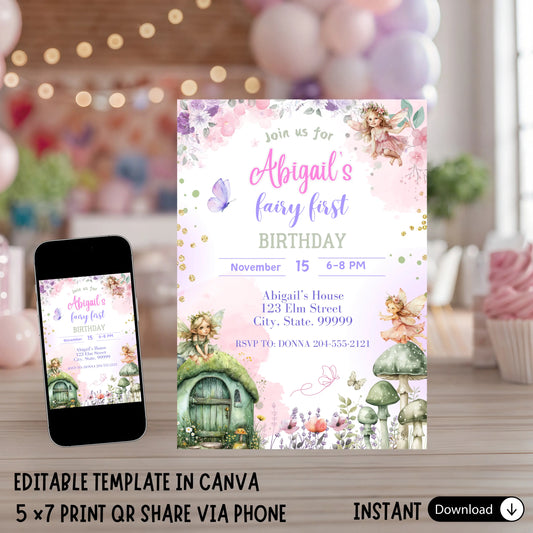 Editable Whimsical Fairy 1st Birthday Invitation - Enchanted Cottagecore Garden Party Template