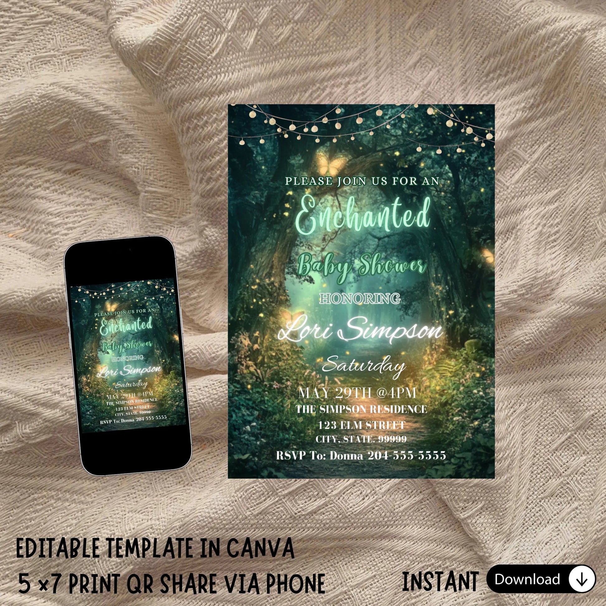 Whimsy & Wonder: Editable Enchanted Forest Baby Shower Invitation Template- Instant Download