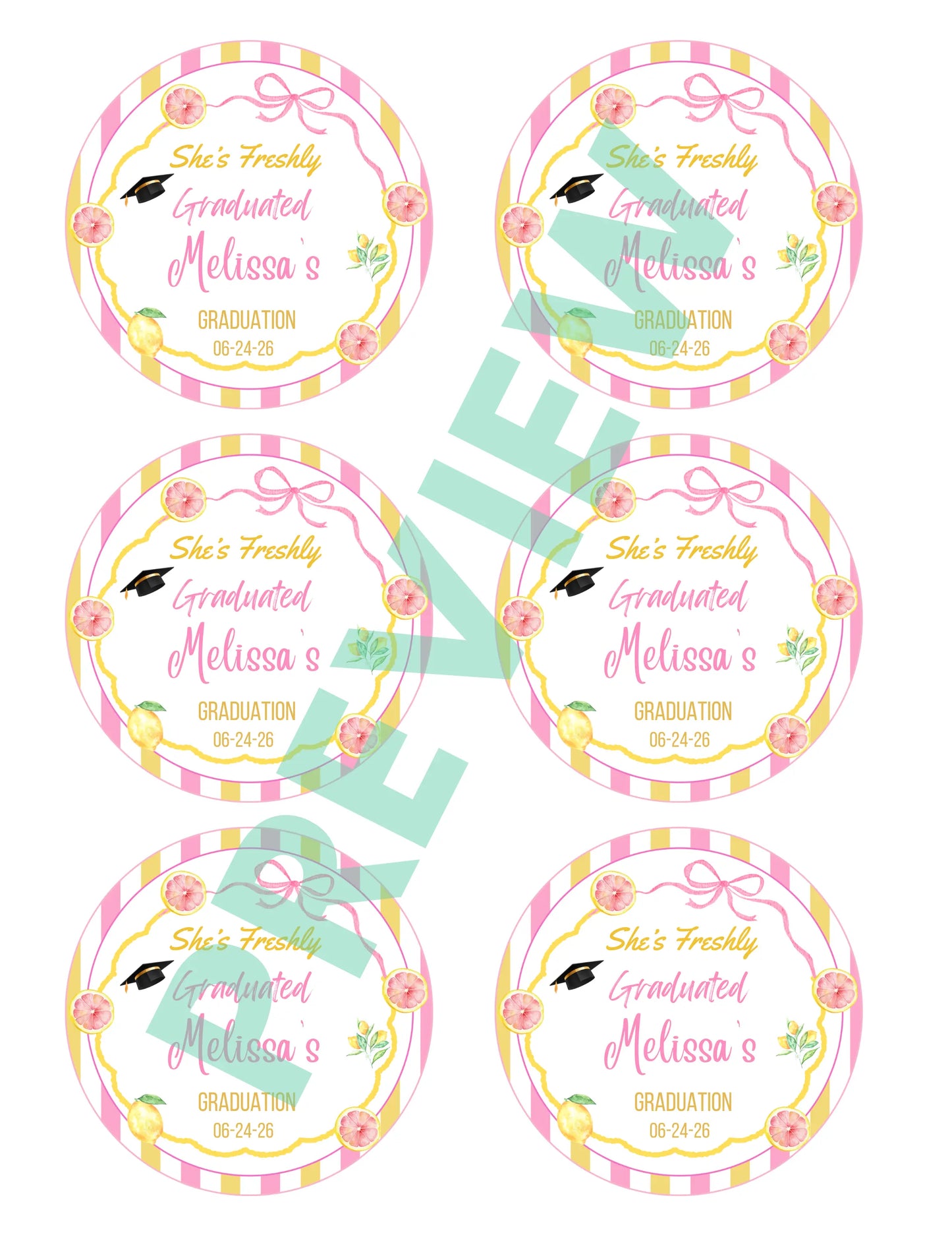 Printable student appreciation gift tags in pink and yellow, attached to a treat bag for a kindergarten graduation ceremony