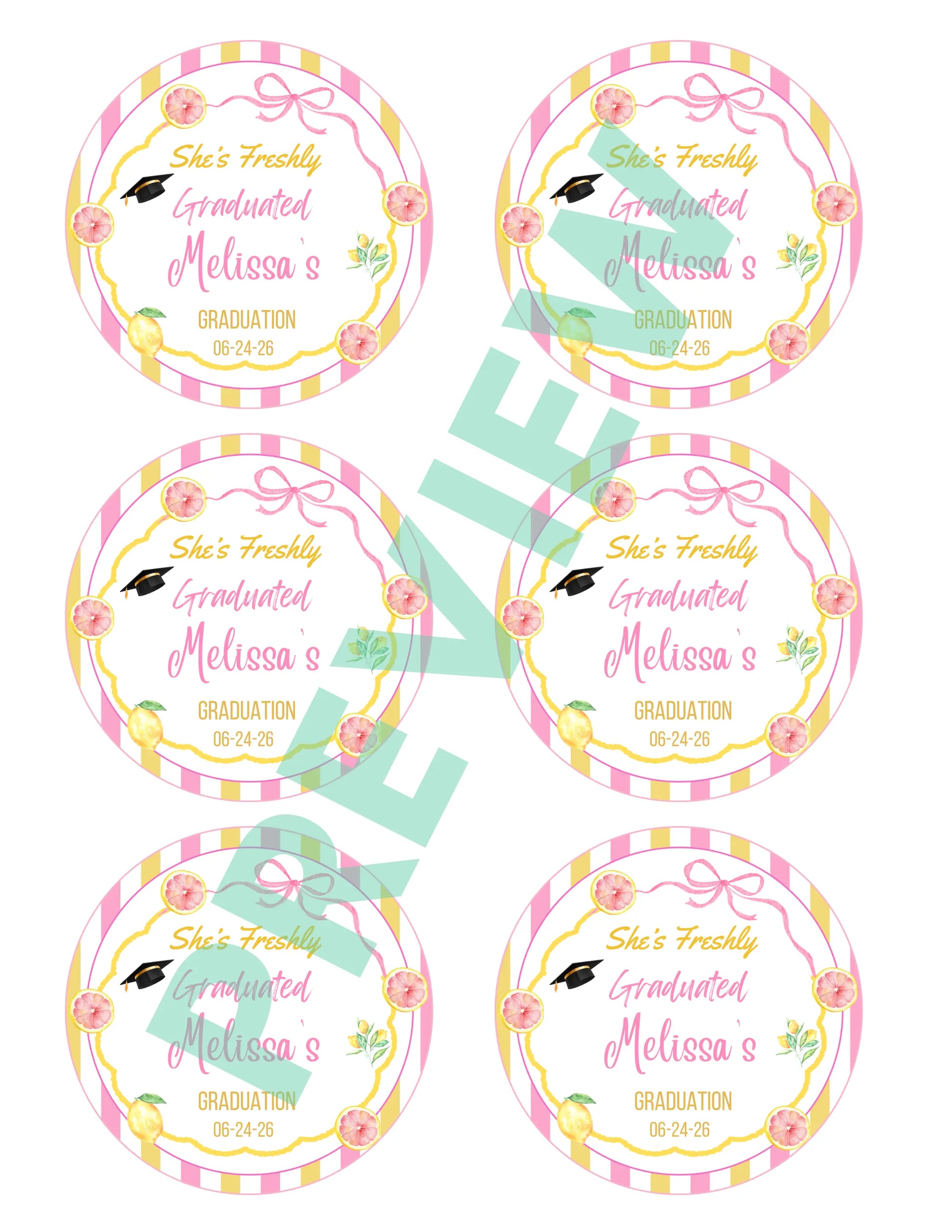 Printable student appreciation gift tags in pink and yellow, attached to a treat bag for a kindergarten graduation ceremony