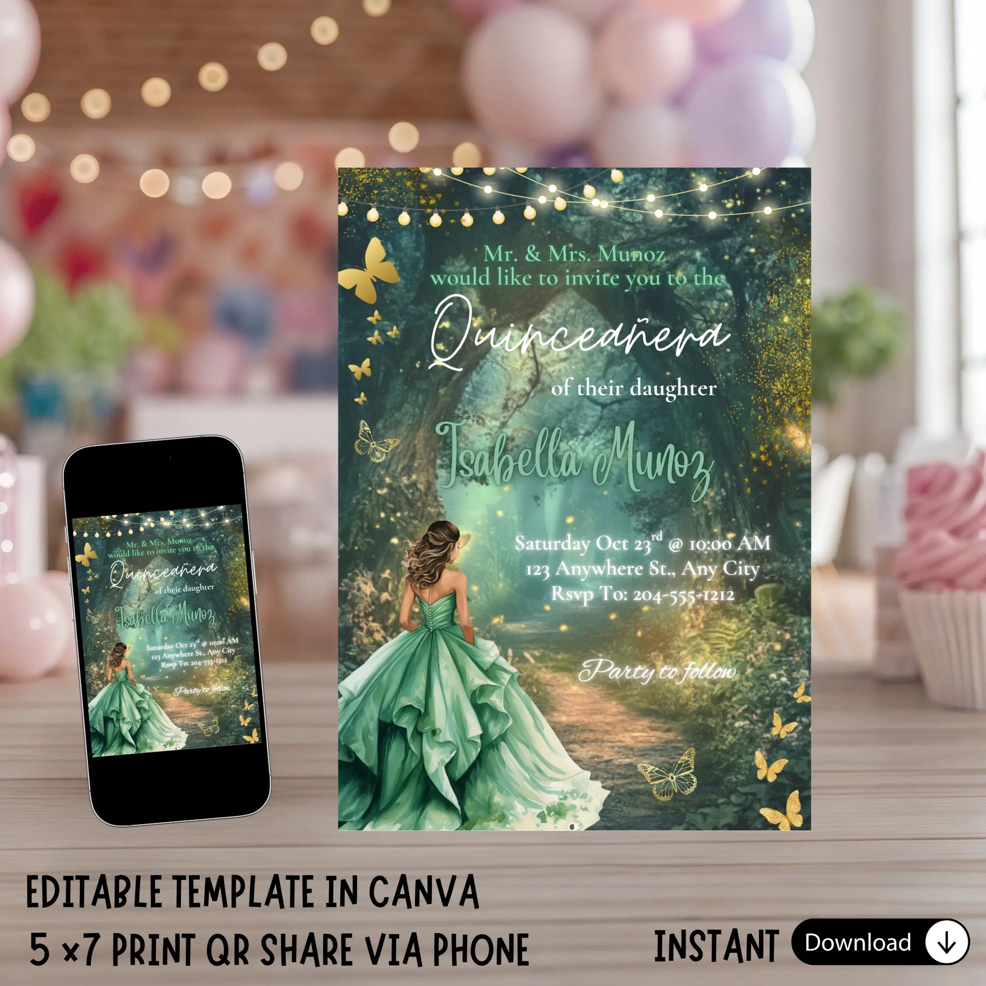Emerald Green Enchanted Forest Quinceañera Invitation, Magical Woodland Gold Foil 15th Birthday Invite, Fairy Tale Quince Invitation