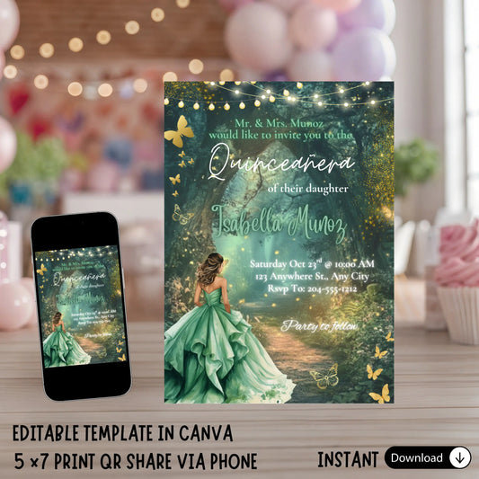 Emerald Green Enchanted Forest Quinceañera Invitation, Magical Woodland Gold Foil 15th Birthday Invite, Fairy Tale Quince Invitation