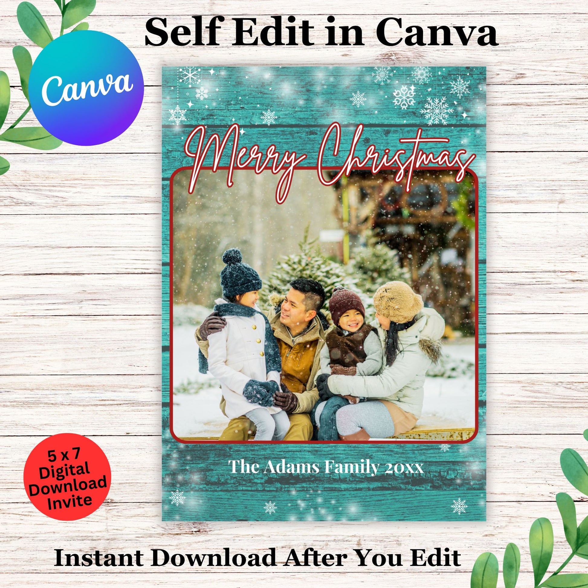 Editable Rustic Christmas Photo Card Template | Farmhouse Family Holiday Greeting | Instant Download Printable DIY Card with Photo