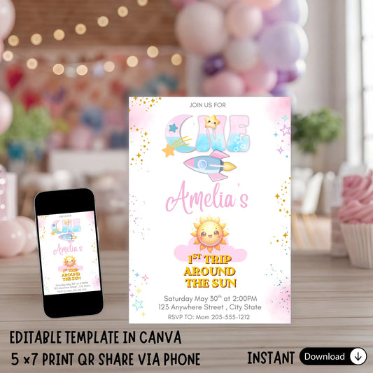 Boho First Trip Around the Sun Girl Birthday Invitation, Pink Pastel Retro Sunshine 1st Birthday Template, Editable Canva Digital Invite